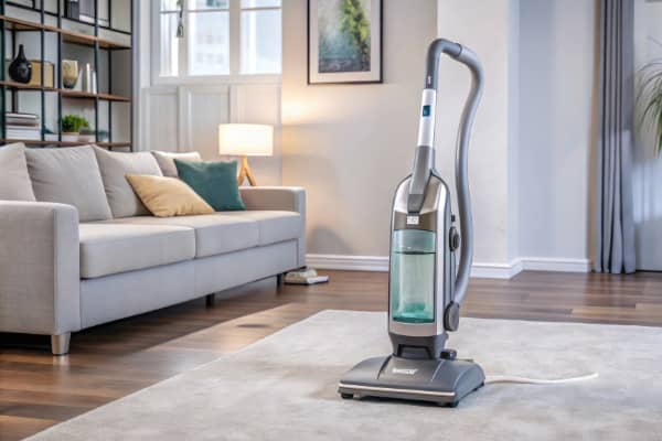 An upright vacuum resting on a rug in a modern living room.